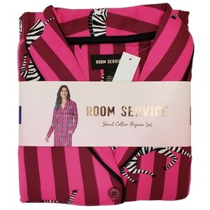 Room Service Women's Shawl Collar Pajama Set Pink (Pink Zebra Stripe) NWT